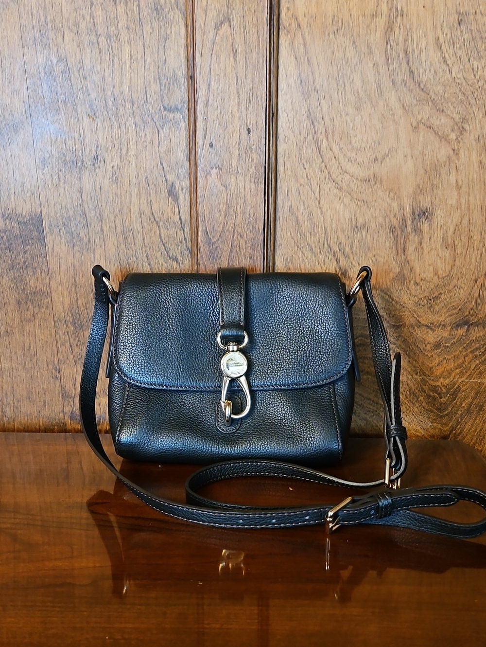 Dooney & Burke Black Pebbled Leather Crossbody Bag with Gold Accent